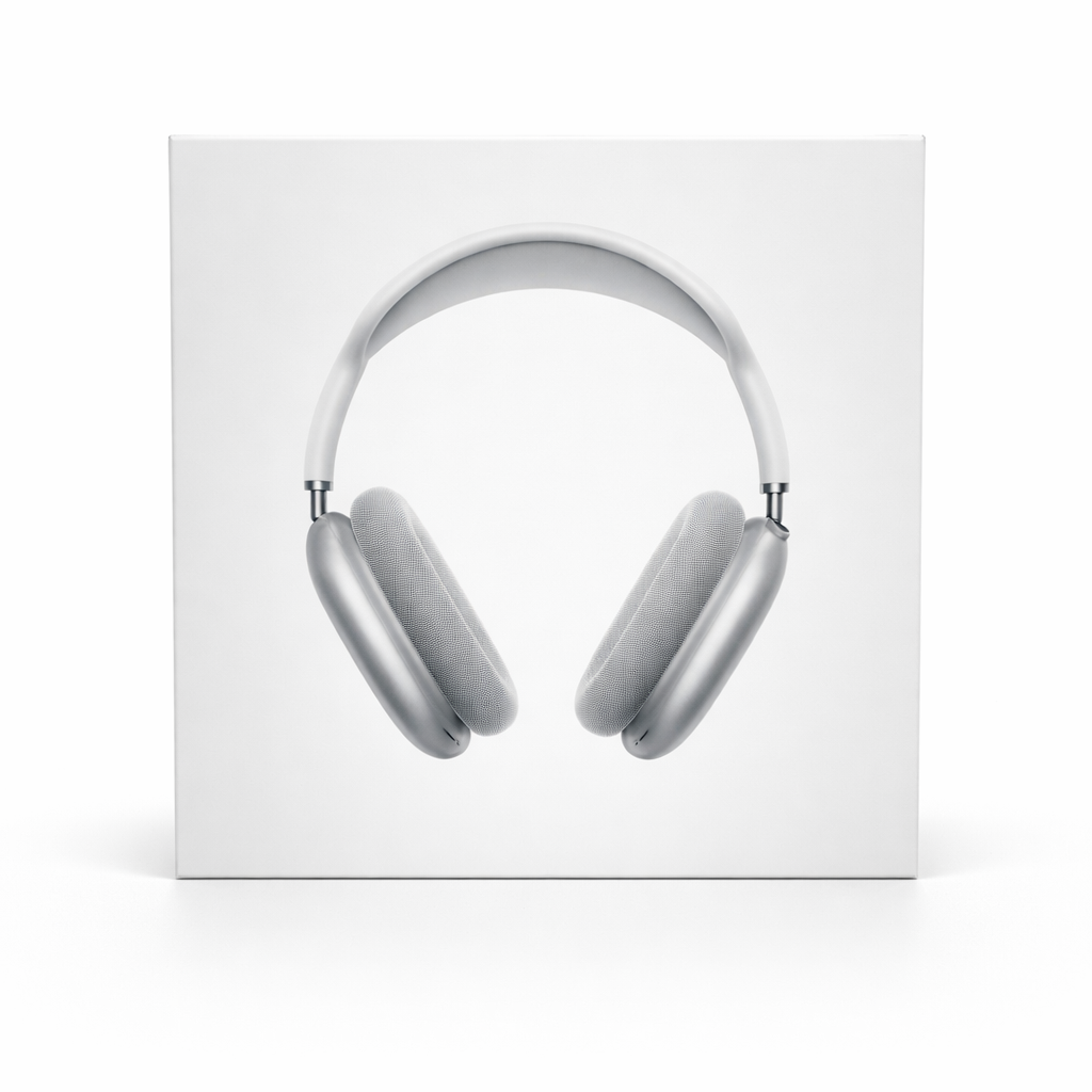 White headphones in a box on a white background