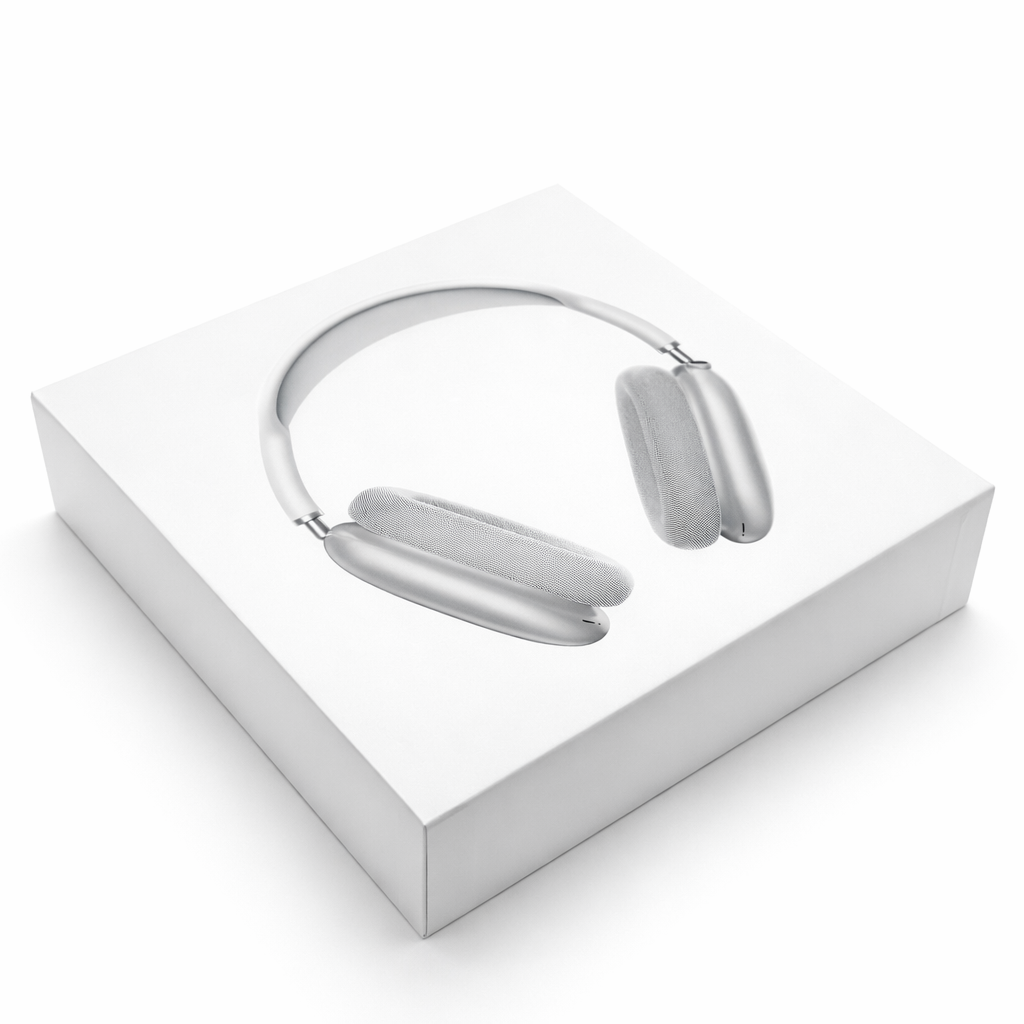 Silver headphones on a white box with a white background