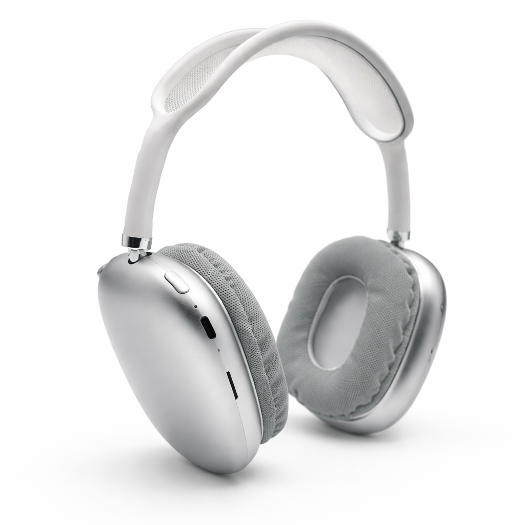 Silver headphones on a white background