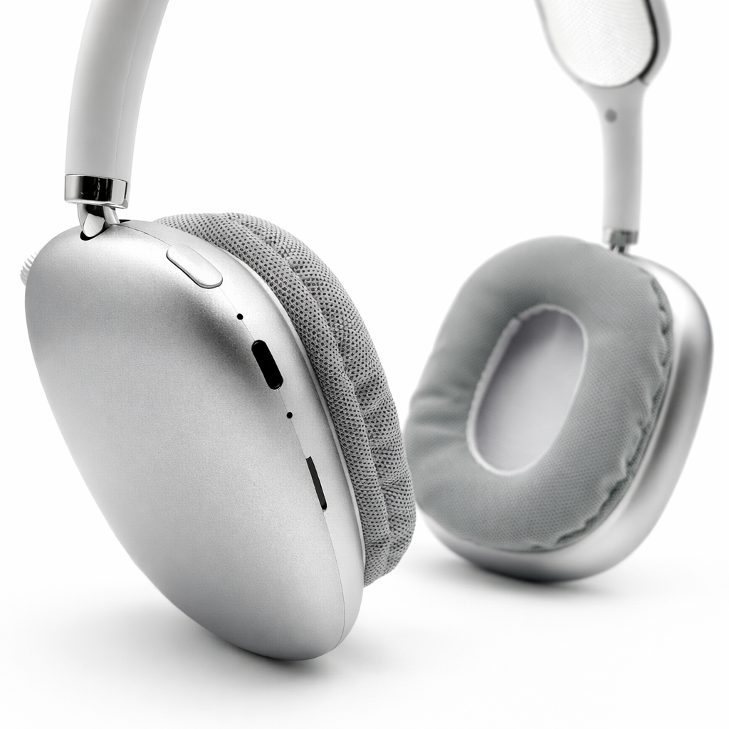 Silver headphones on a white background